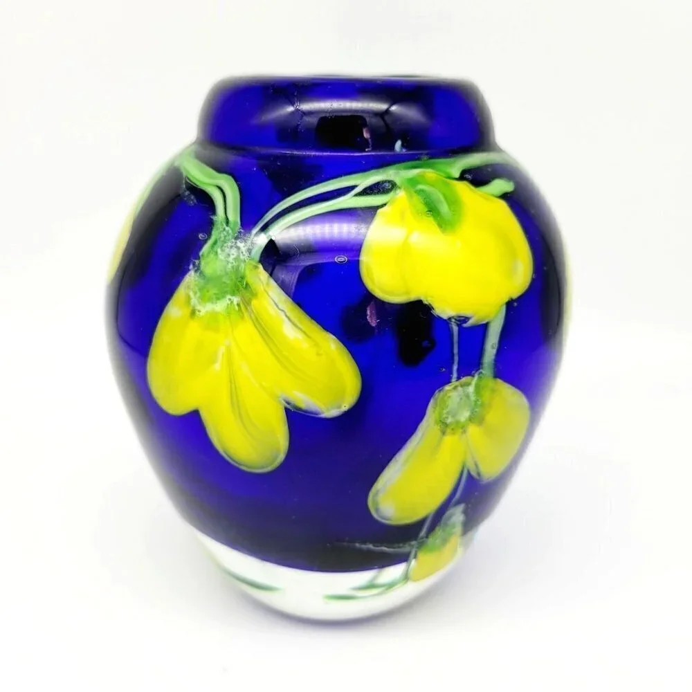 Cobalt Blue Hand Blown Heavy Art Glass Egg Vase Yellow Flowers 5.25